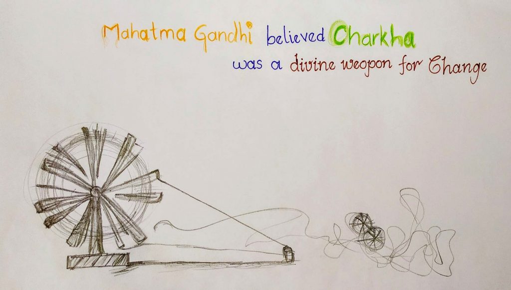 Gandhi Spinning the Charkha Drawing by Mahua Pal | Saatchi Art