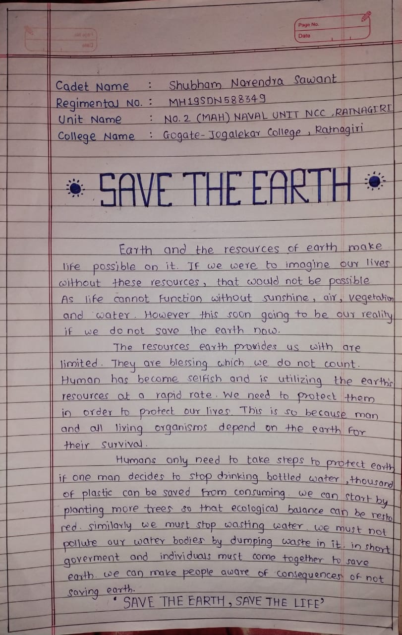 ARTICAL ON ‘SAVE THE EARTH' – India NCC