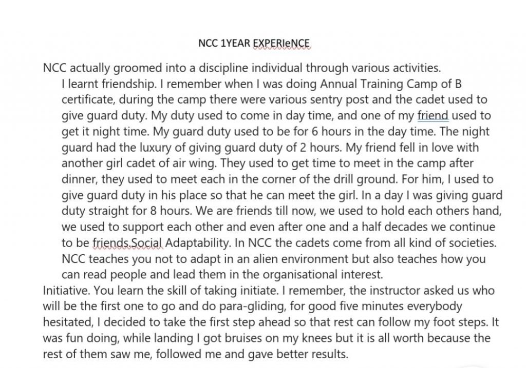 essay on ncc experience in english