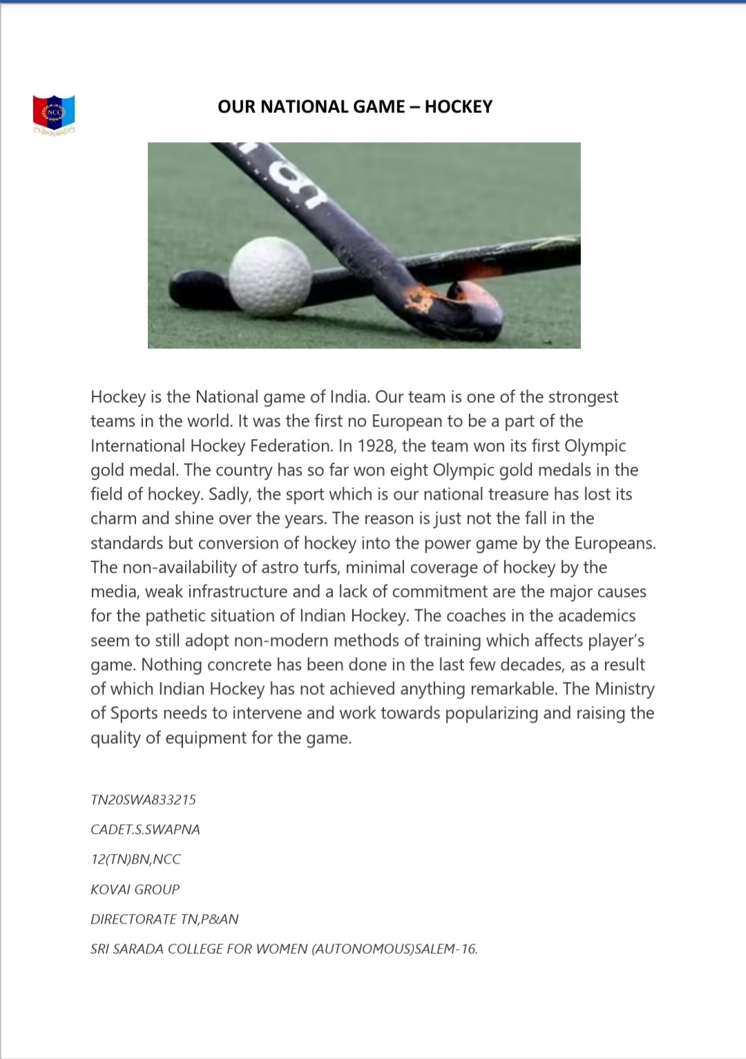 OUR NATIONAL GAME HOCKEY India NCC