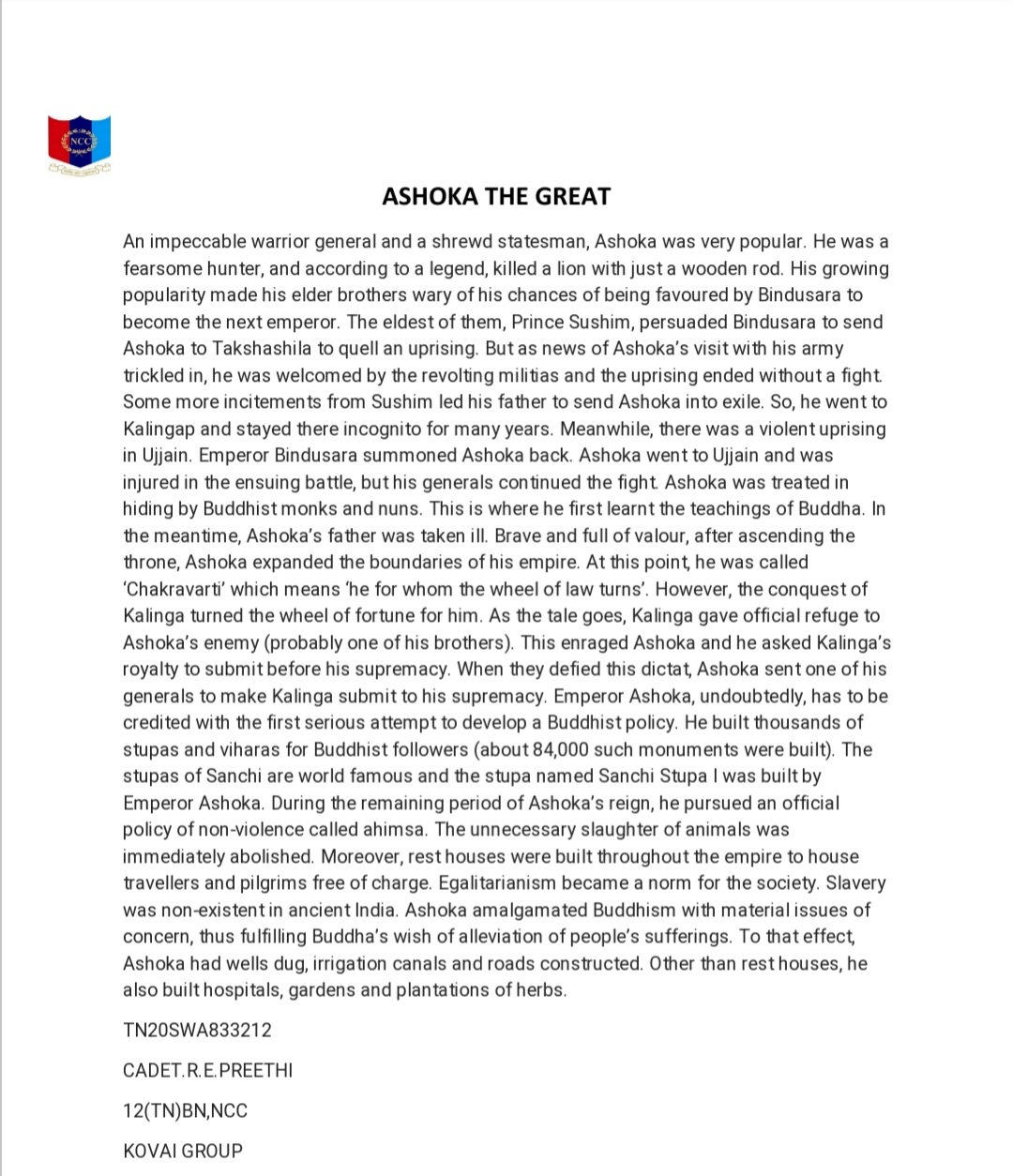 ASHOKA THE GREAT India NCC