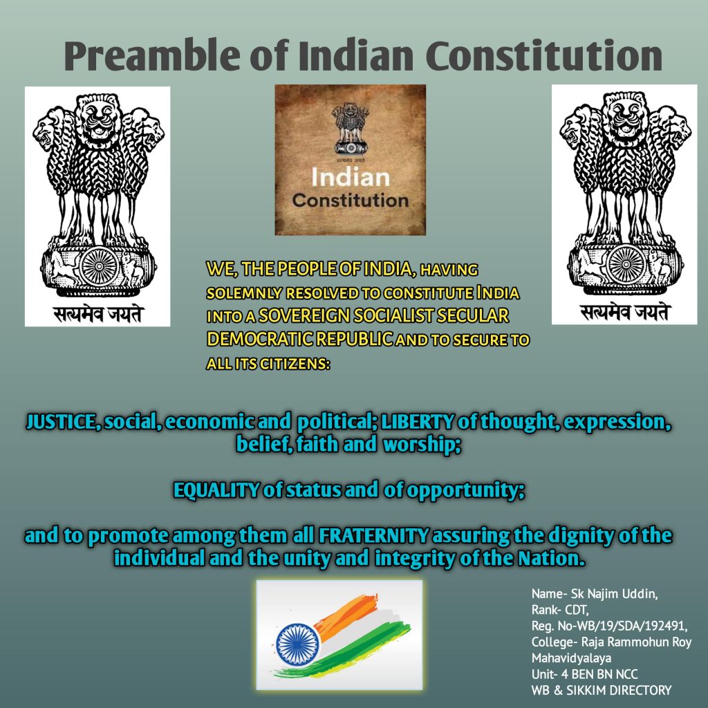 Post Card On Preamble of Indian Constitution – India NCC