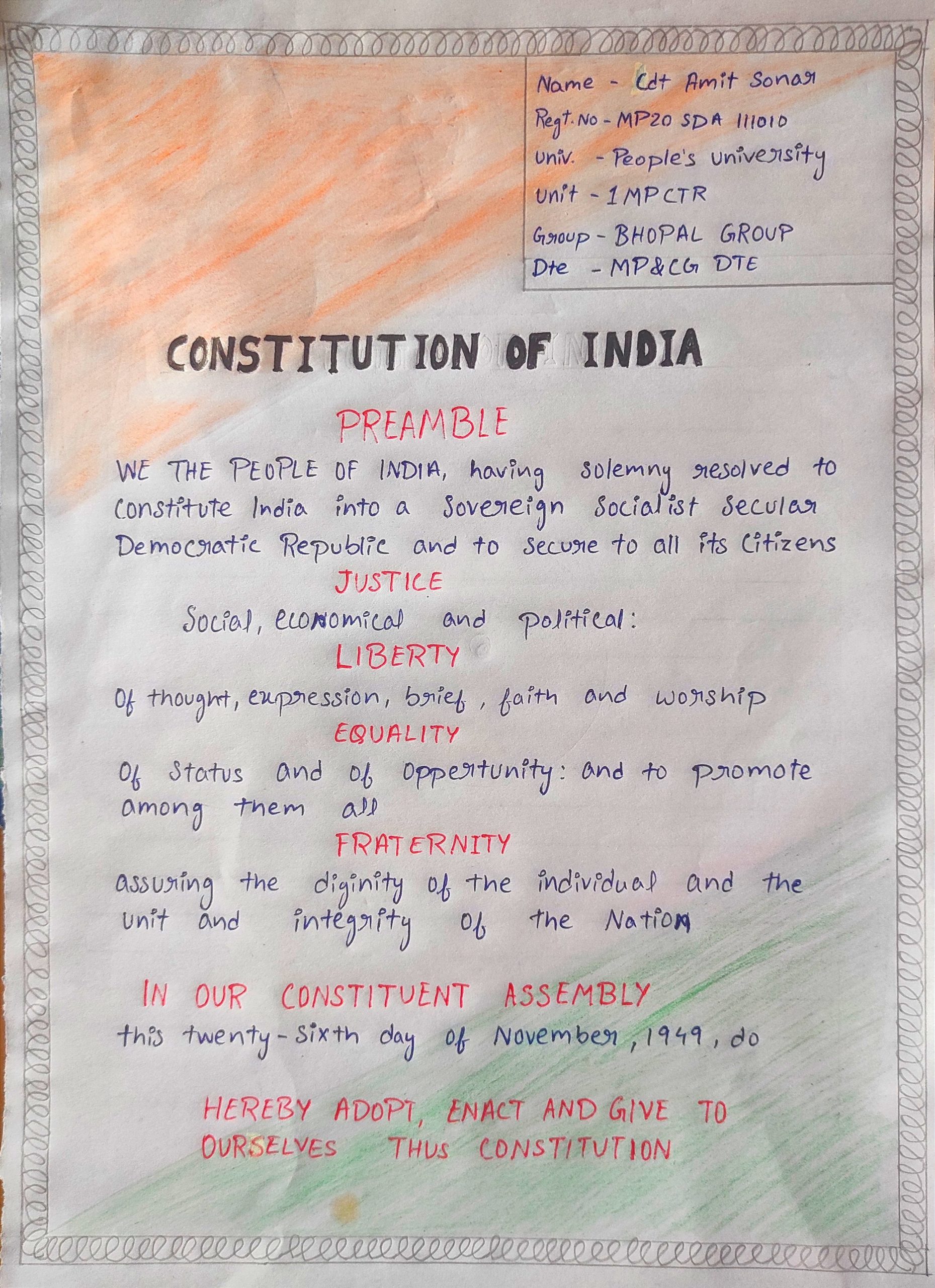 Poster Making On PREAMBLE OF INDIA – India NCC