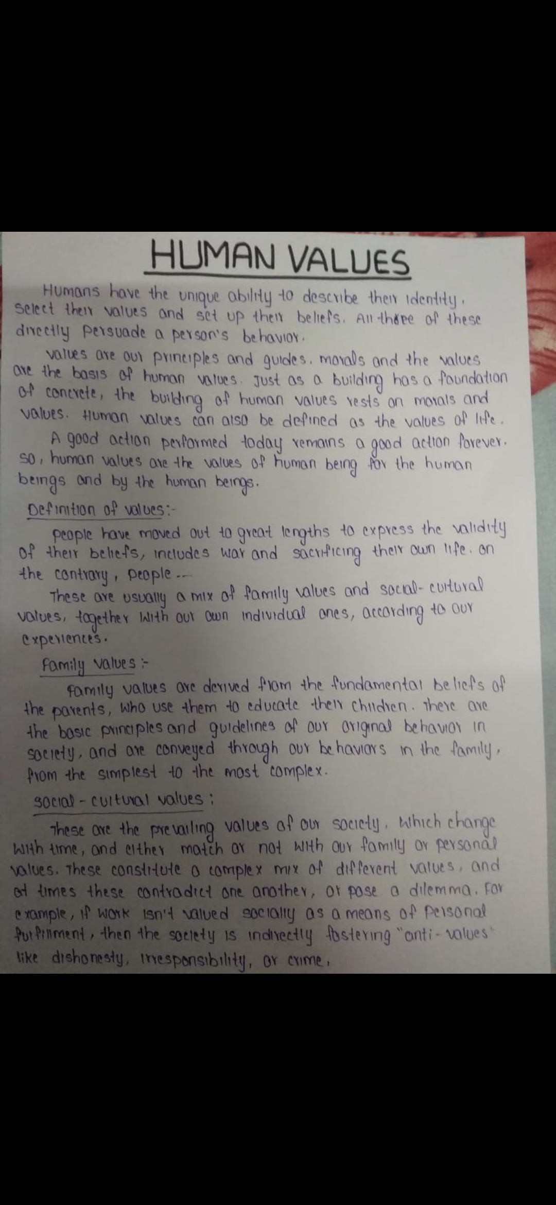 human values essay for students