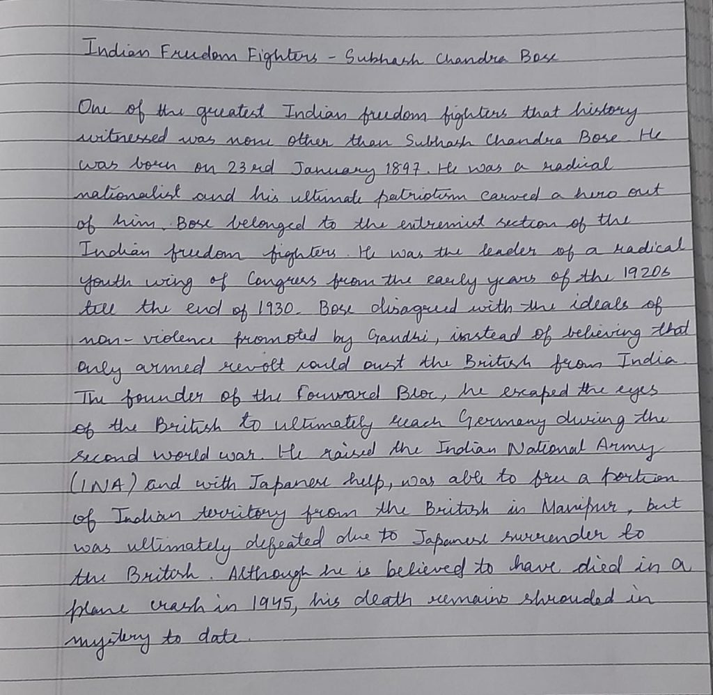 essay on my favourite freedom fighter subhash chandra bose