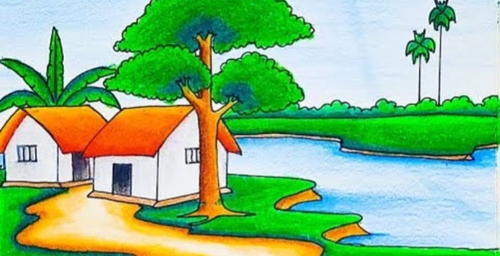 Indian village life scenery drawing nature Scenery Village scenery drawing  Oil Pastel - YouTube