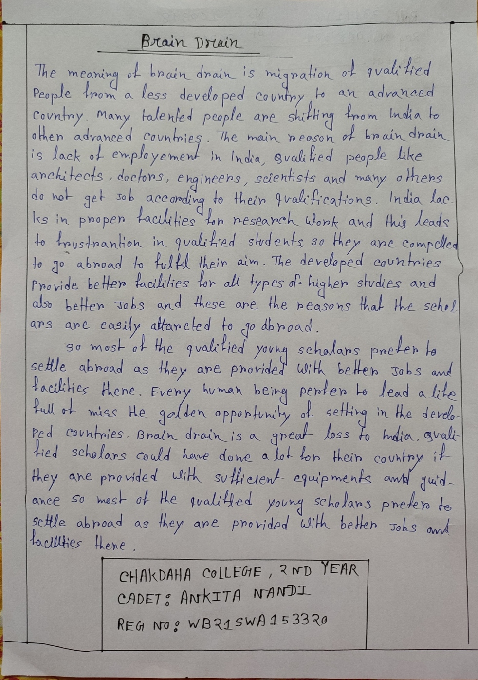 Article writing on Brain Drain India NCC