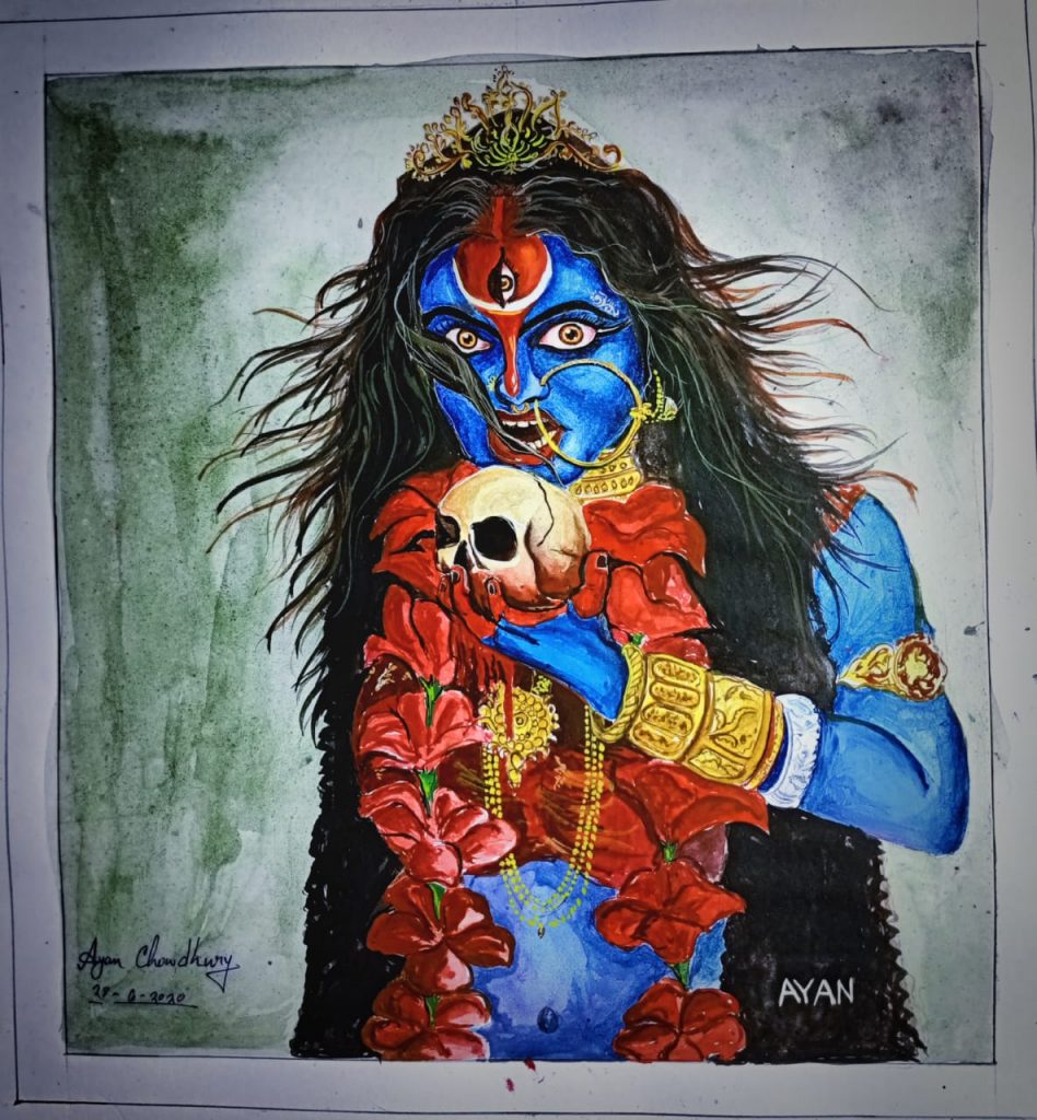 Bhaskar Chitrakar - Maa Kali, Watercolour and Gouache on Paper, Yellow  Contemporary Artist “In Stock