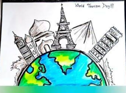 Hand drawn style world tourism day with monuments template png