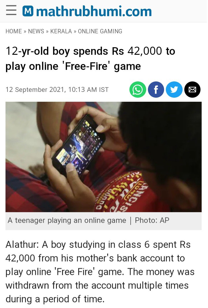12-yr-old boy spends Rs 42,000 to play online 'Free-Fire' game, boy lost rs  42000 playing online game, free fire game money lost, latest news, kerala  news